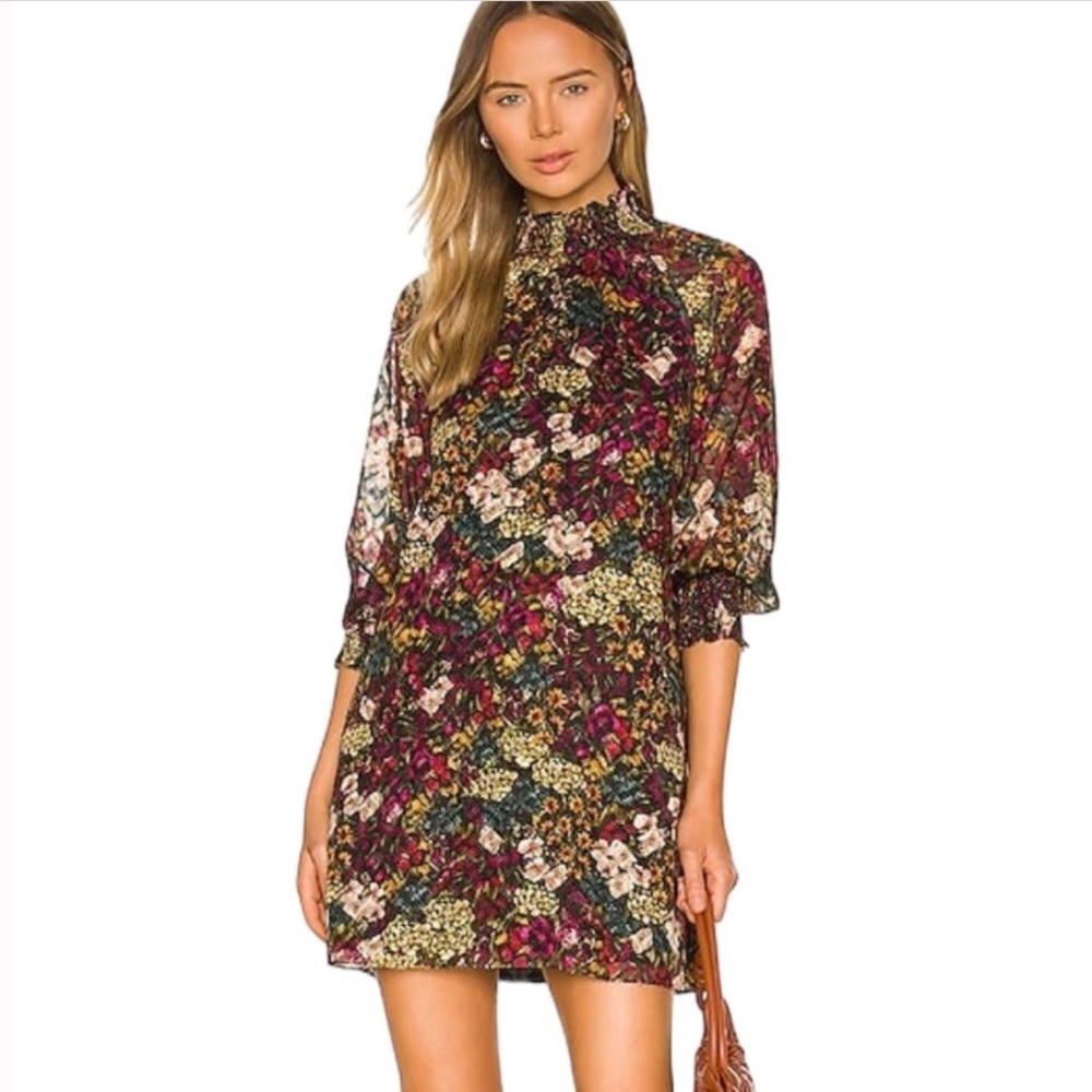 Amanda Uprichard Revolve Wayland Floral Smocked Sleeve Ruffle Mini Dress - M
